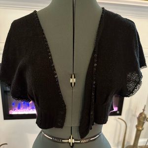 Black Sequin-Trimmed Short-Sleeve Shawl with Buttons - Size S